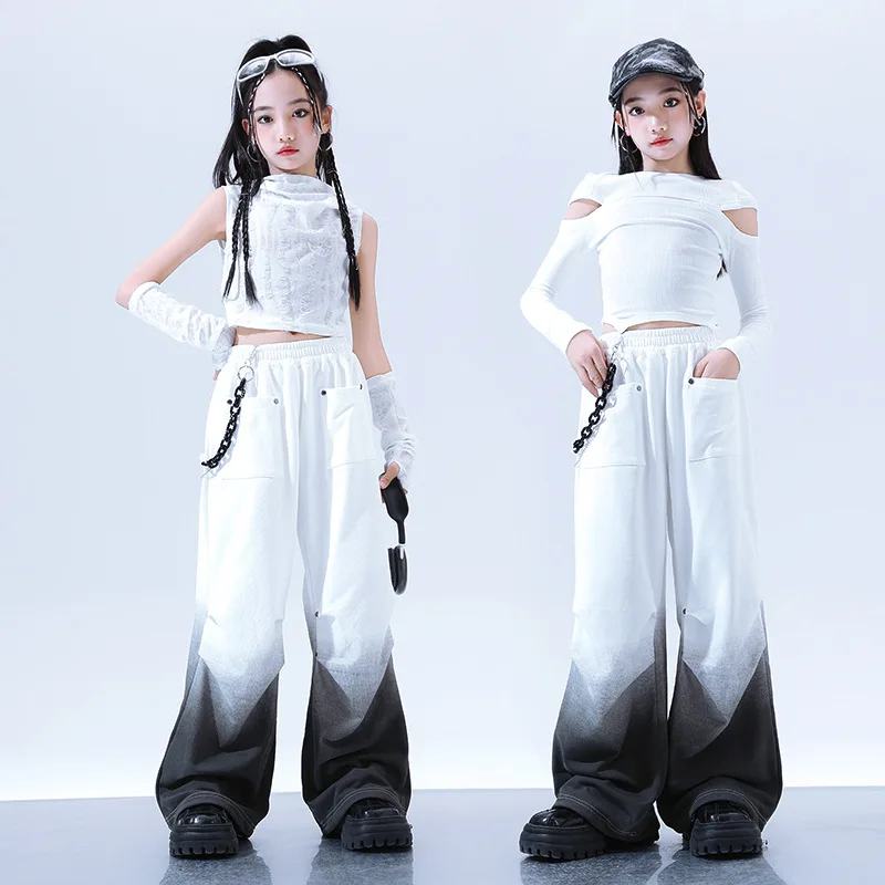 

1pc American 2025 spring teens tracksuit Girls cloth hip hop gradations t-shirt or Ripped long wide leg pant Kid 8 10 12 year