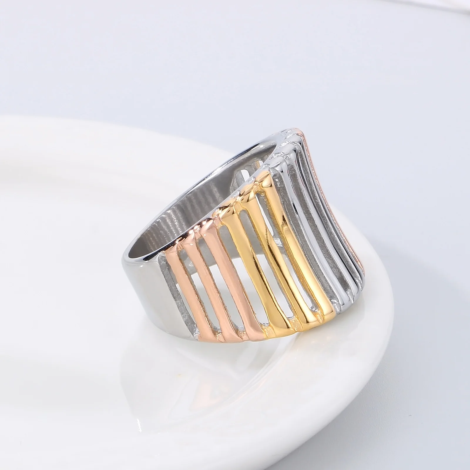 KALEN Mixed Colors Trendy Stainless Steel Rings for Women Punk Geometric Hollow Vintage Elegant Ring Party Jewelry
