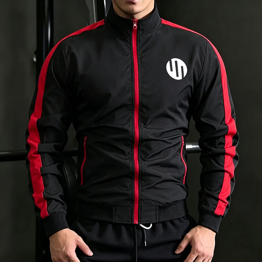 Mens Stand Collar Full Zip Track Sport Jacket Full Zipper & Side Stripes Circular Logo Print Casual Streetwear Running Tops