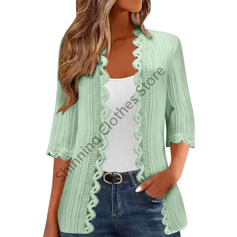 

M68A Women Long Length 3/4 Sleeve Collarless Pleated Open Front Elegant Lace Cardigan Coat