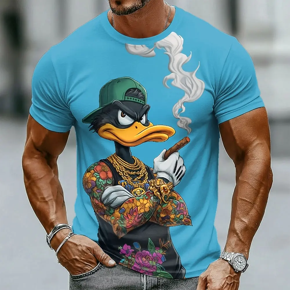 Funny 3D Grumpy Black Duck in Jacket Print Men's T-shirts Fashion Crew Neck t shirts Cool Party Short Sleeve Top Summer Clothing