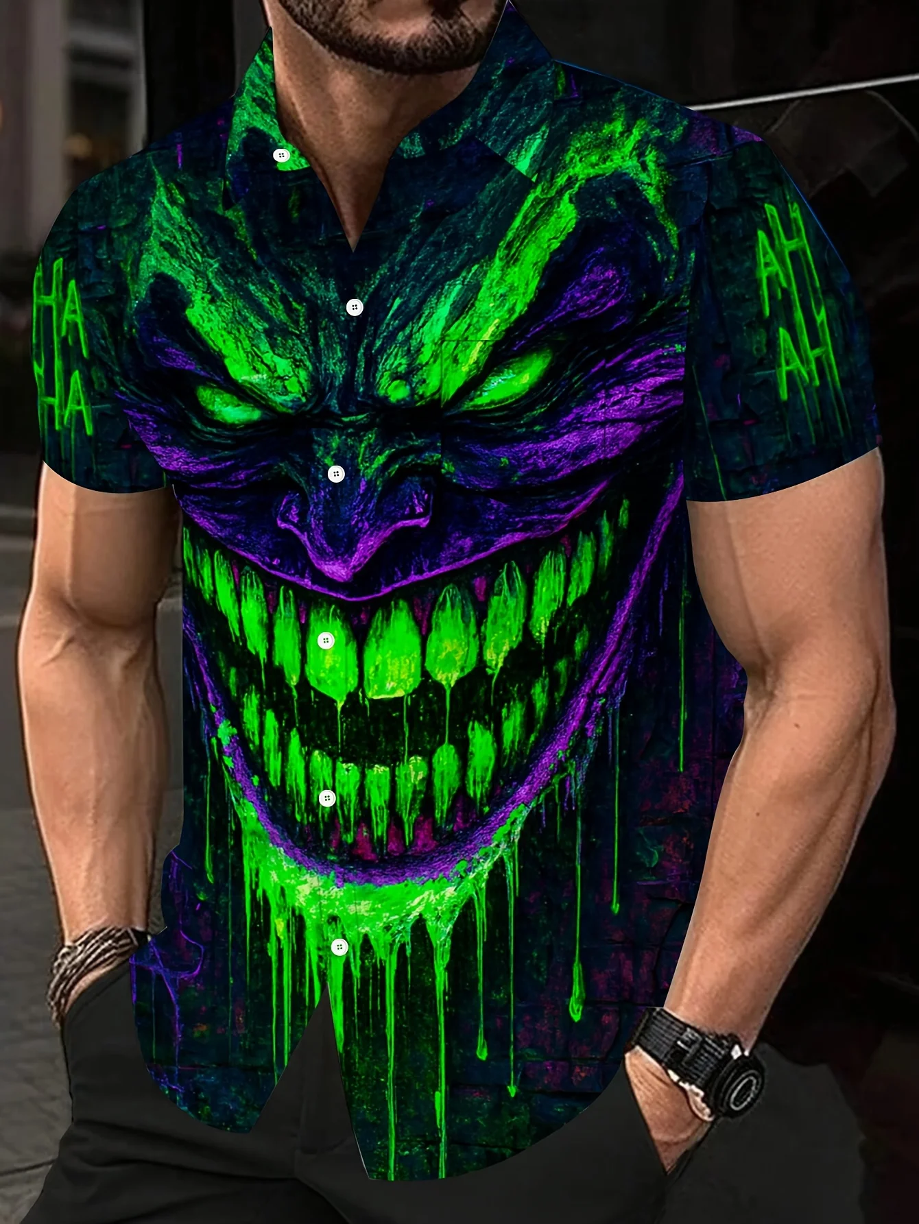 Camisa de manga corta para hombre con estampado de monstruo malvado, cuello de solapa, botones, poliéster, blusa de Halloween.