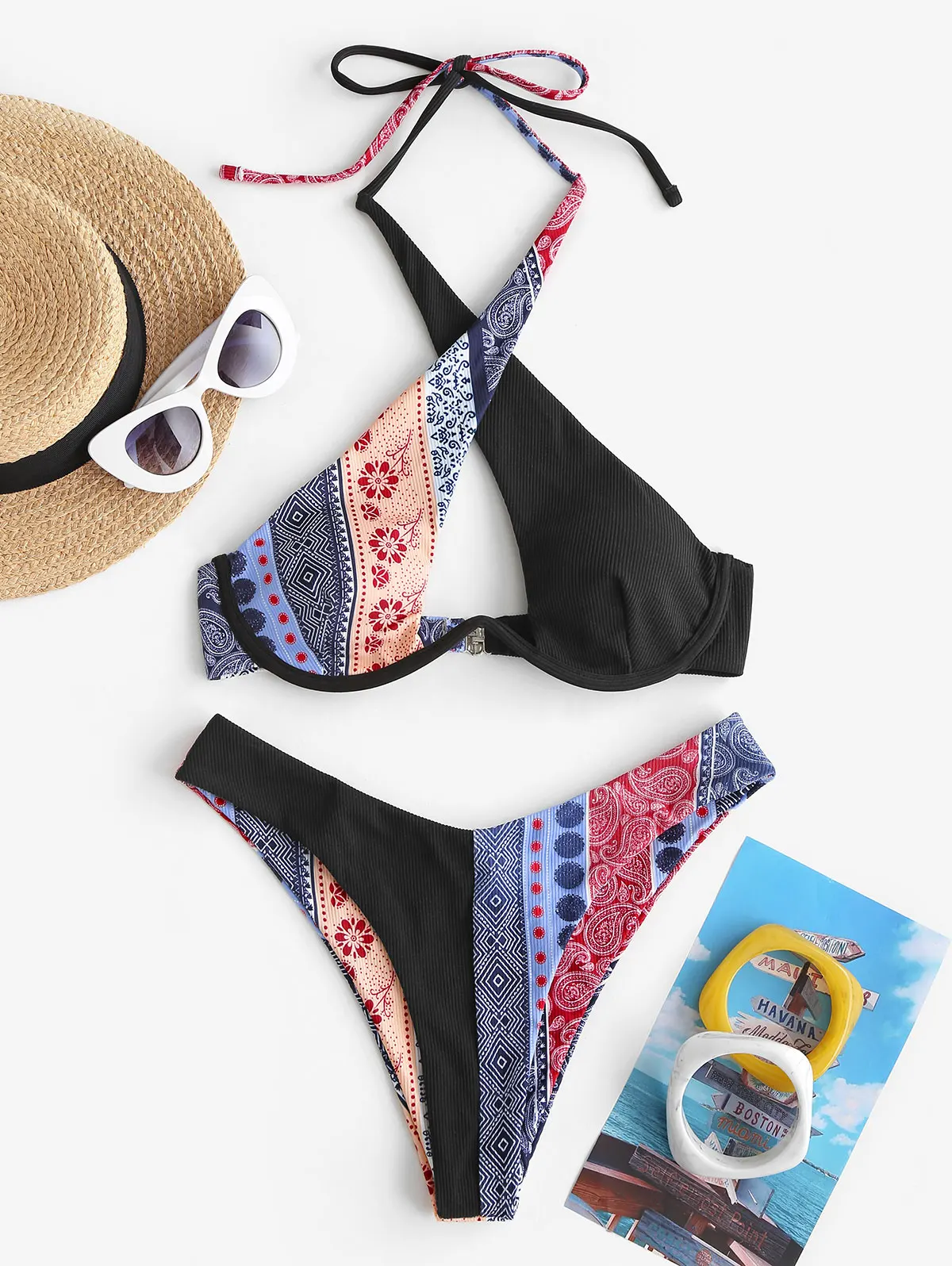 

Zaful Halter Crossover Bohemian Printed Ribbed Monowire Bikini Swimwear Underwire Cheeky High Cut Print Trend Two-Piece Suits