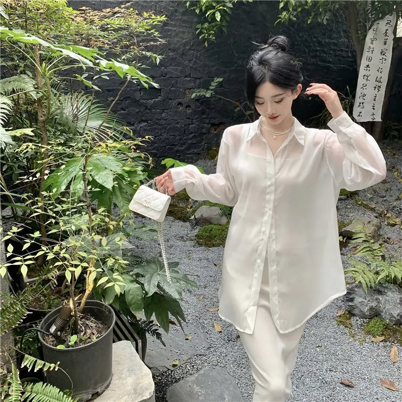 Women Long Sleeve Casual Shirts Elegant Chinese Style Holiday Summer Loose White Shirt Button Beach Sun-proof Clothing Retro