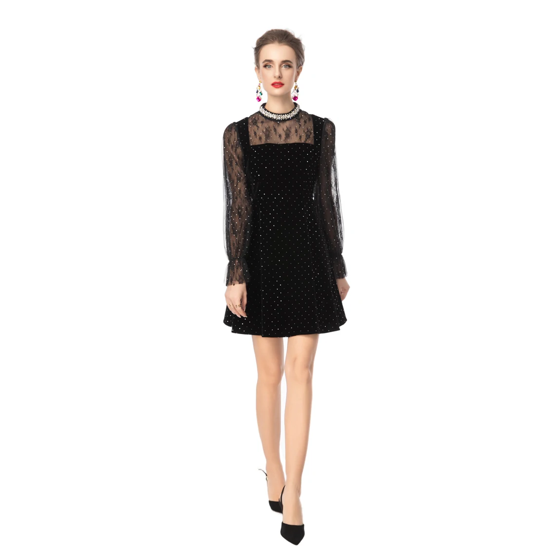 Langärmliges A-Linien-Kleid aus schwarzem Samt mit Polka Dots für Damen, Kristall-Strasskragen und durchsichtigem Spitzen-Overlay, eleganter Abschlussball