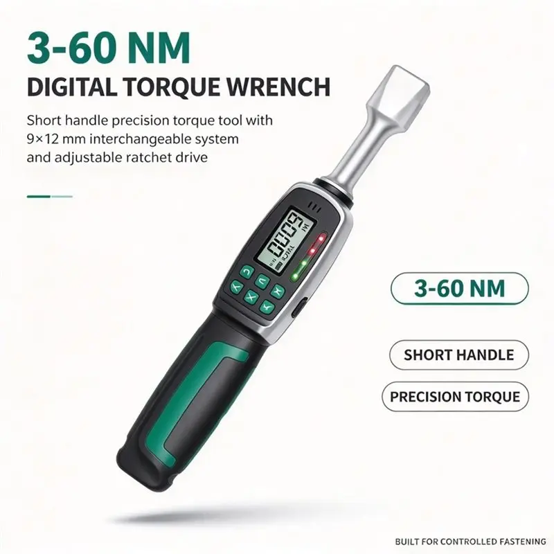 HLZS-Adjustable Digital Torque Wrench Spanner Head 3-60N.M Electronic Jaw Open End Torque Wrench LED Memory Preset Modes, 1PC