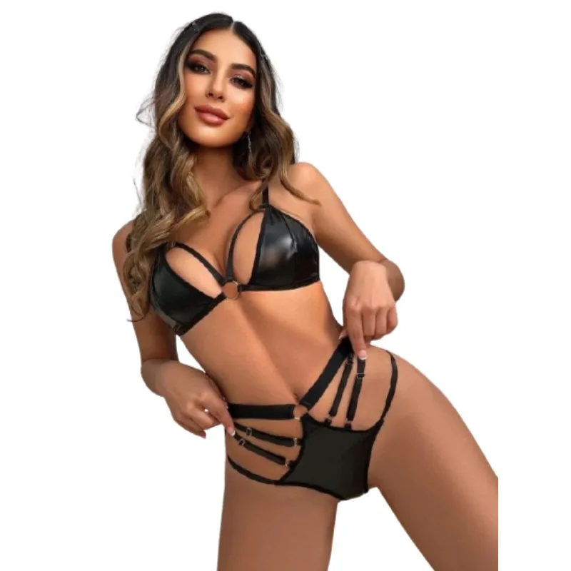 PU Patent Leather Sexy Lingerie Set for Women Black Micro Bra and Panties Eroti…