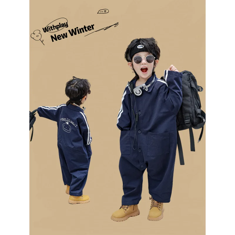 

Милая и kwaśna осенняя одежда в корейском стиле для мальчиков и девочек, детский комбинезон, рабочая одежда, повседневная стильная верхняя одежда Wo