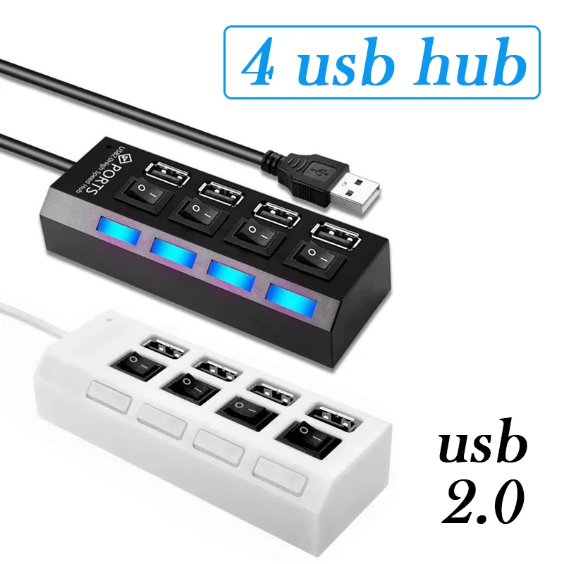 4-Port USB 2.0 Hub with Power Adapter & Switches - High Speed Hub for PC Laptop Desktop, Multi-Device Charging (Black/White)