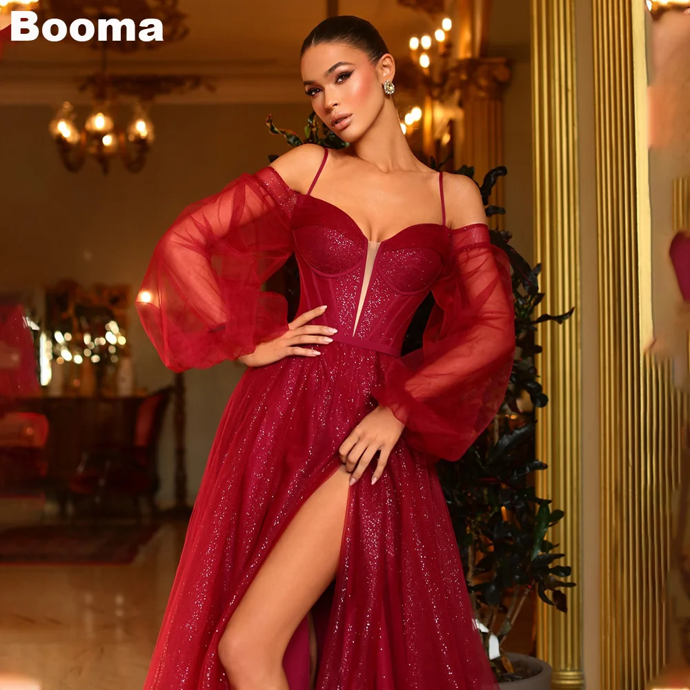 

Booma Shiny A-Line Prom Dresses Off Shoulder Puff Sleeves Women's Eevning Dress High Leg Split Special Occasion Dress for Events