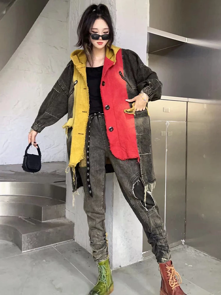 Max LuLu Winter Fashion Streetwear 2023 Ladies Vintage Loose Denim Hooded Trench Coats Womens Casual Punk Big Size Windbreakers