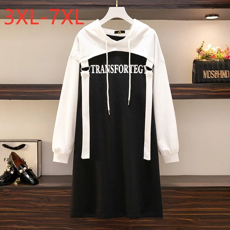 

New 2022 Spring Autumn Plus Size Hoodie Dress For Women Large Loose Long Sleeve Black Cotton Midi Dress 3XL 4XL 5XL 6XL 7XL