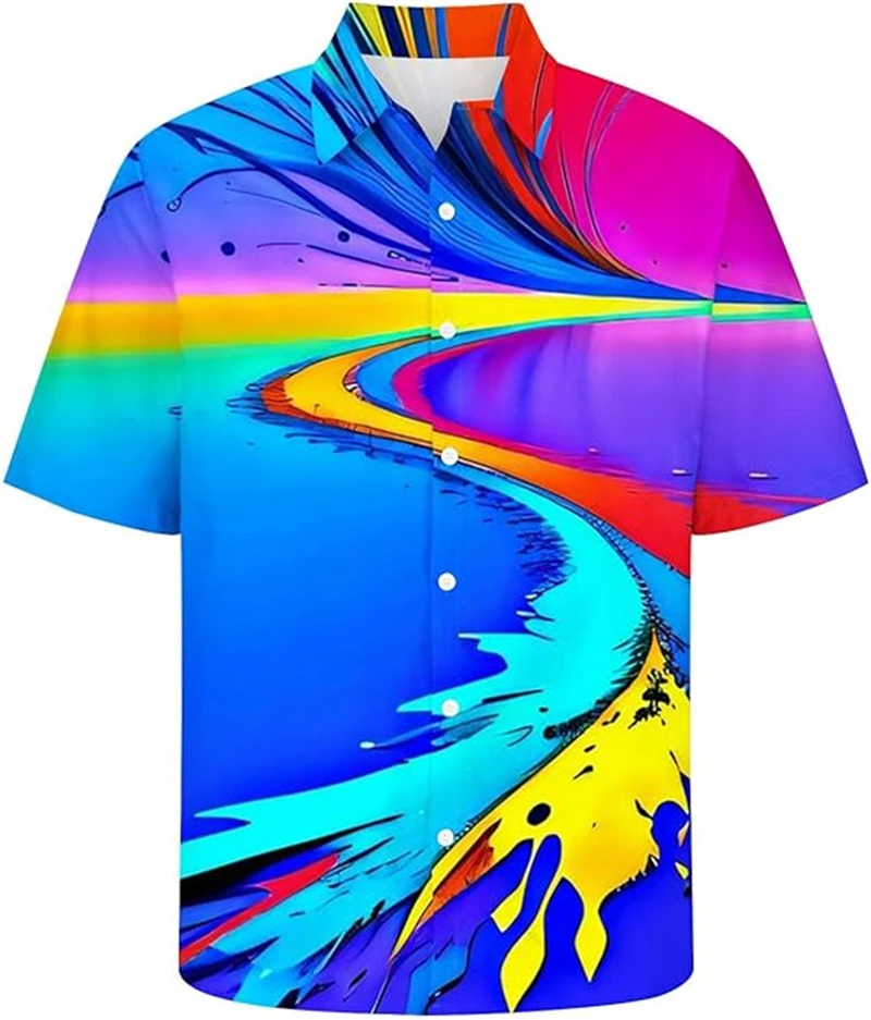 

3D Print Abstract Art Men's Hawaiian Shirt Rainbow Swirl & Color Splash Print Casual Short Sleeve Button Down Shirts Tops