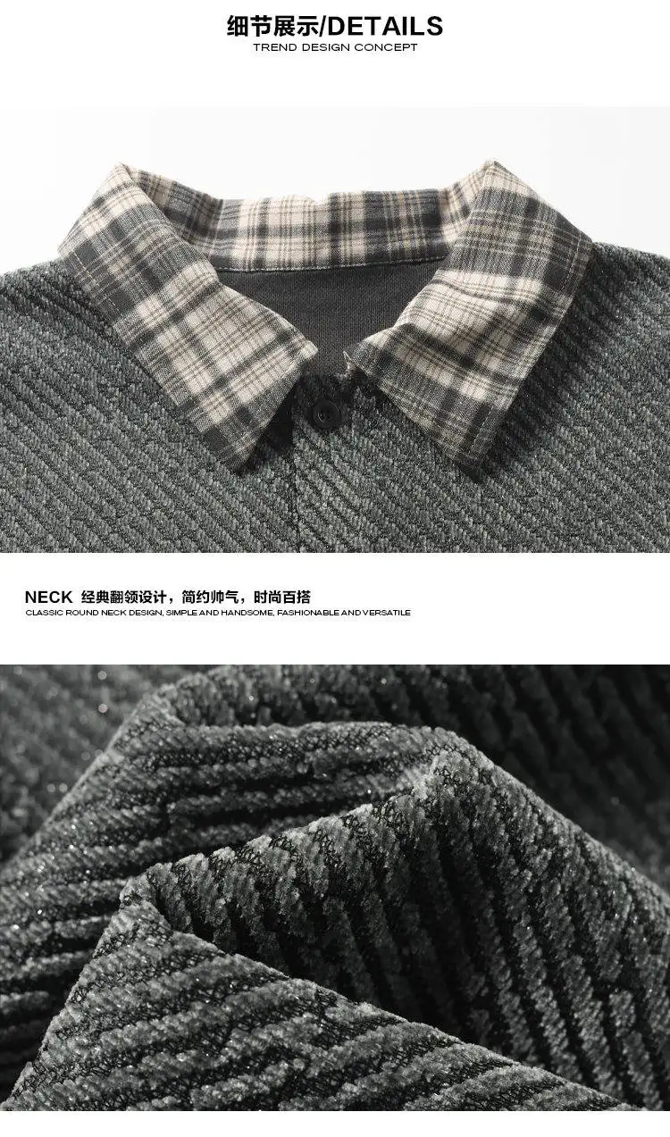 Herren-Polohemd mit Karomuster am Kragen, langärmelig, für den Herbst, aus strukturierter Strickware, lockere Passform, lässiges Oberteil, Kontrastkragen, ideal für den täglichen Gebrauch, Pullover. – Detail 13