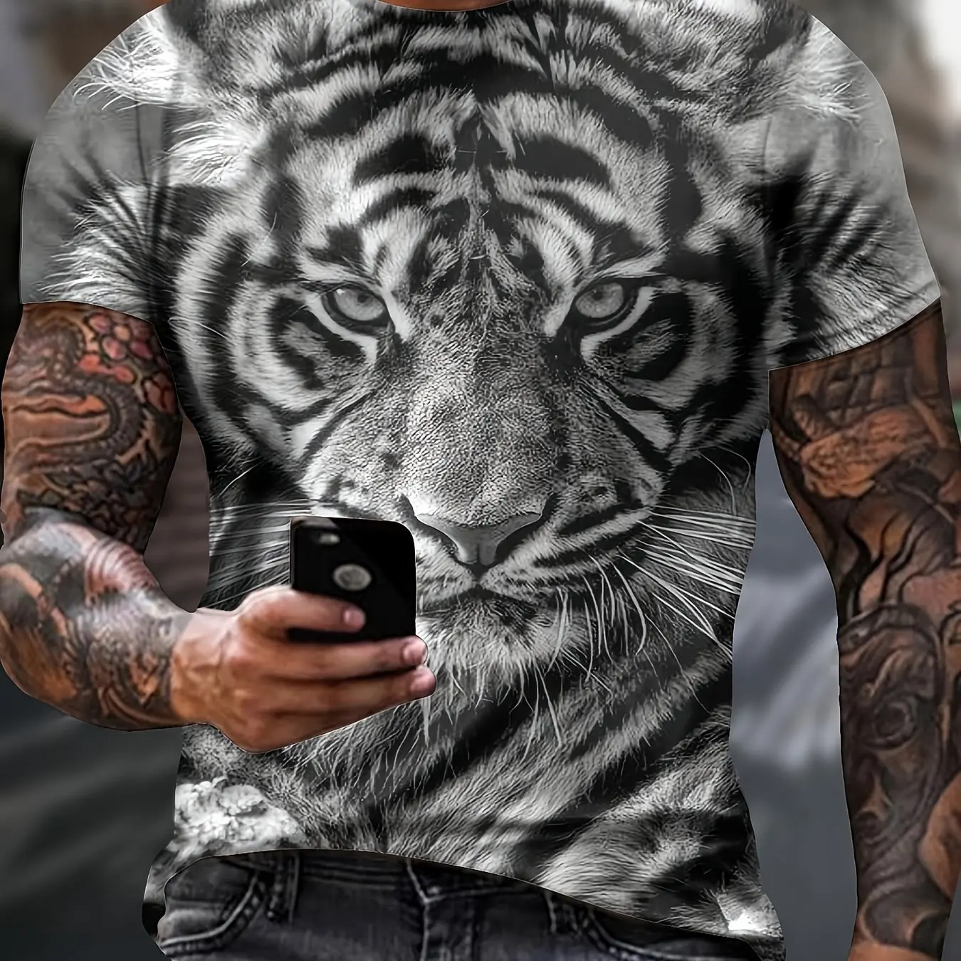 Mens 3D Digital Tiger Print Crew Neck Short Sleeve T-Shirt - Fashionable Breathable Comfortable Summer Top Oversized Tshirts