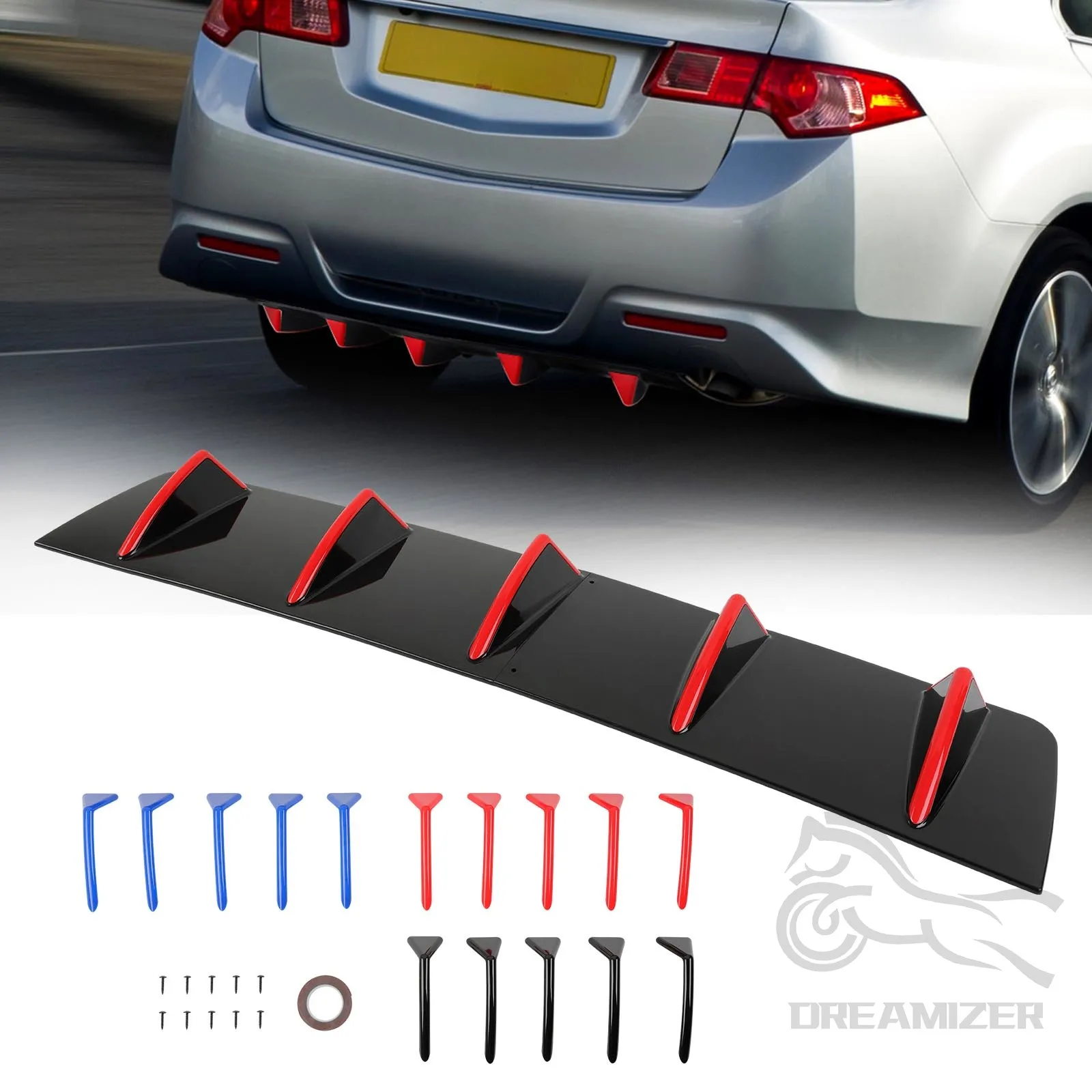 

Universal Black Blue Red Shark Fin Three-Section 5-Fin Car Rear Bumper Lip Diffuser Universal Spoiler A Body Kit For Honda