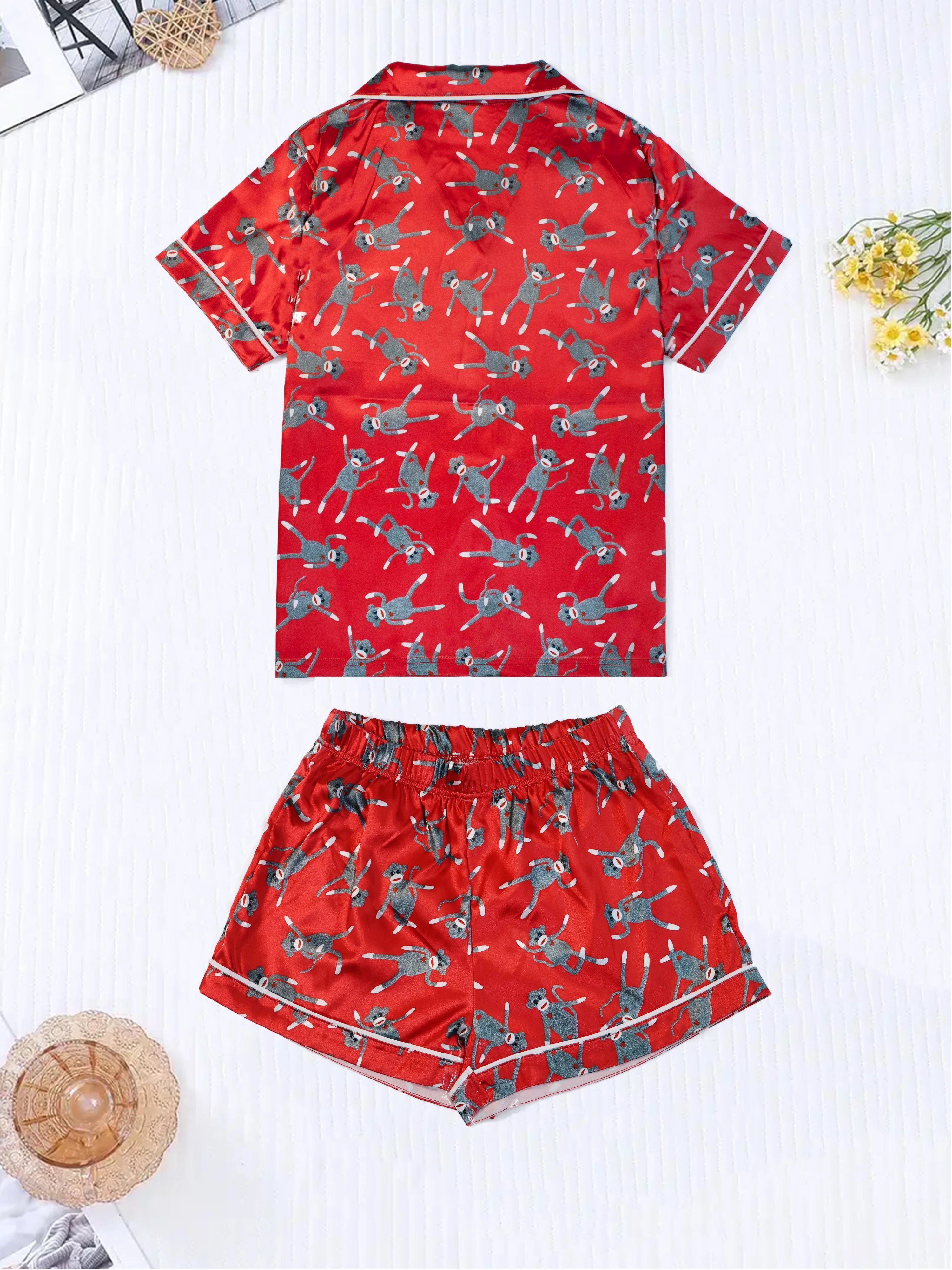 Women's Spring and Summer Suit Home Clothes Series Cute Cartoon Monkey Red Pajamas