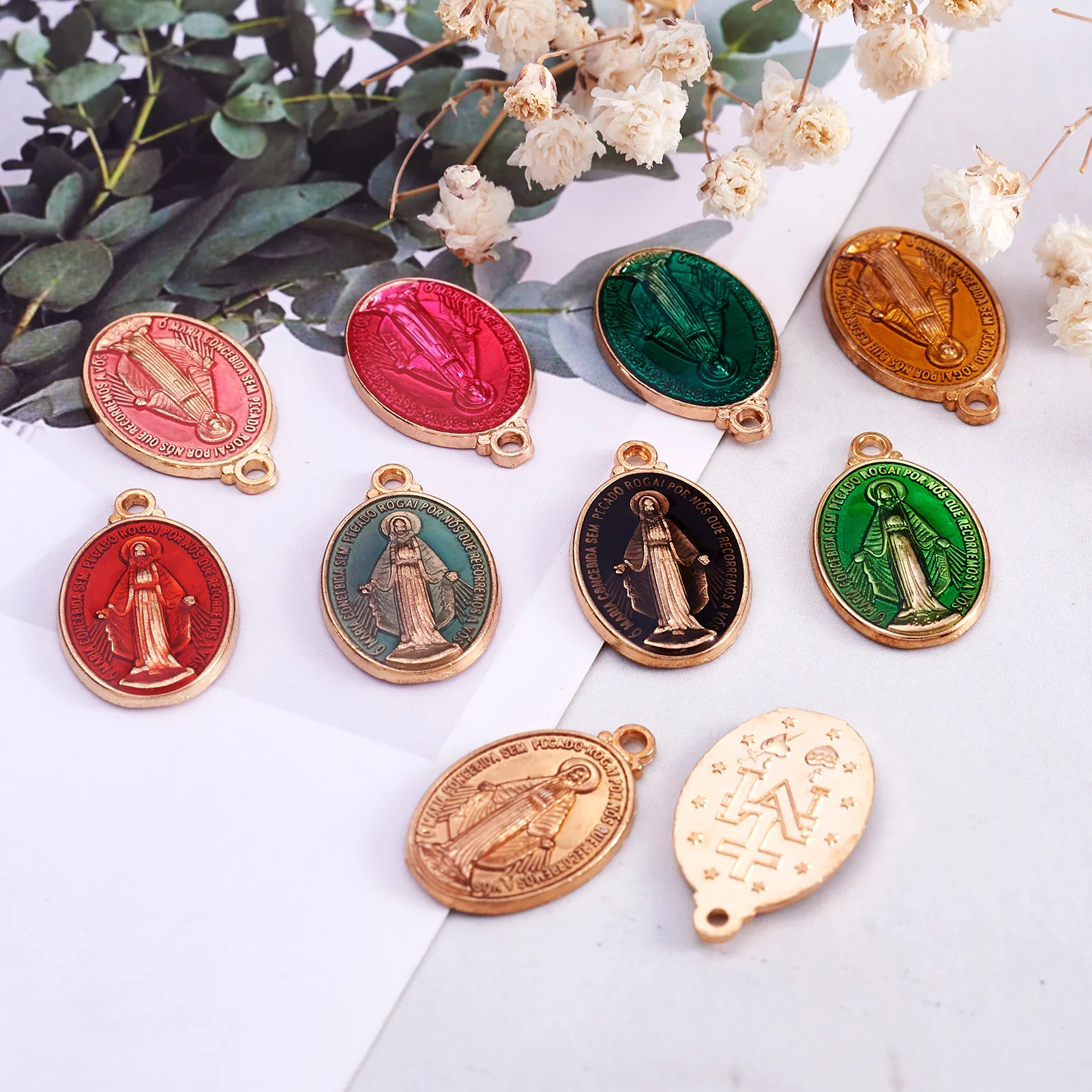 100pcs Brass Oval with Saint Charms Enamel Pendants Long-Lasting Plated for Women Men Necklace Bracelet Accessories 19.5x12x2mm