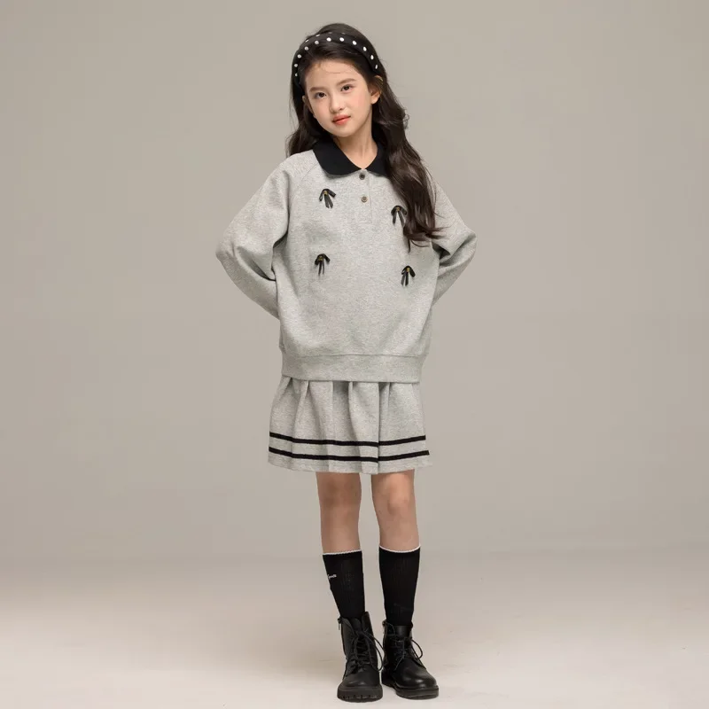 2026 Autumn spring New Girls set Clothes teenager bow cotton sweatshirts t-shirt + strip pleated skirt 4 6 8 18 years tracksuit