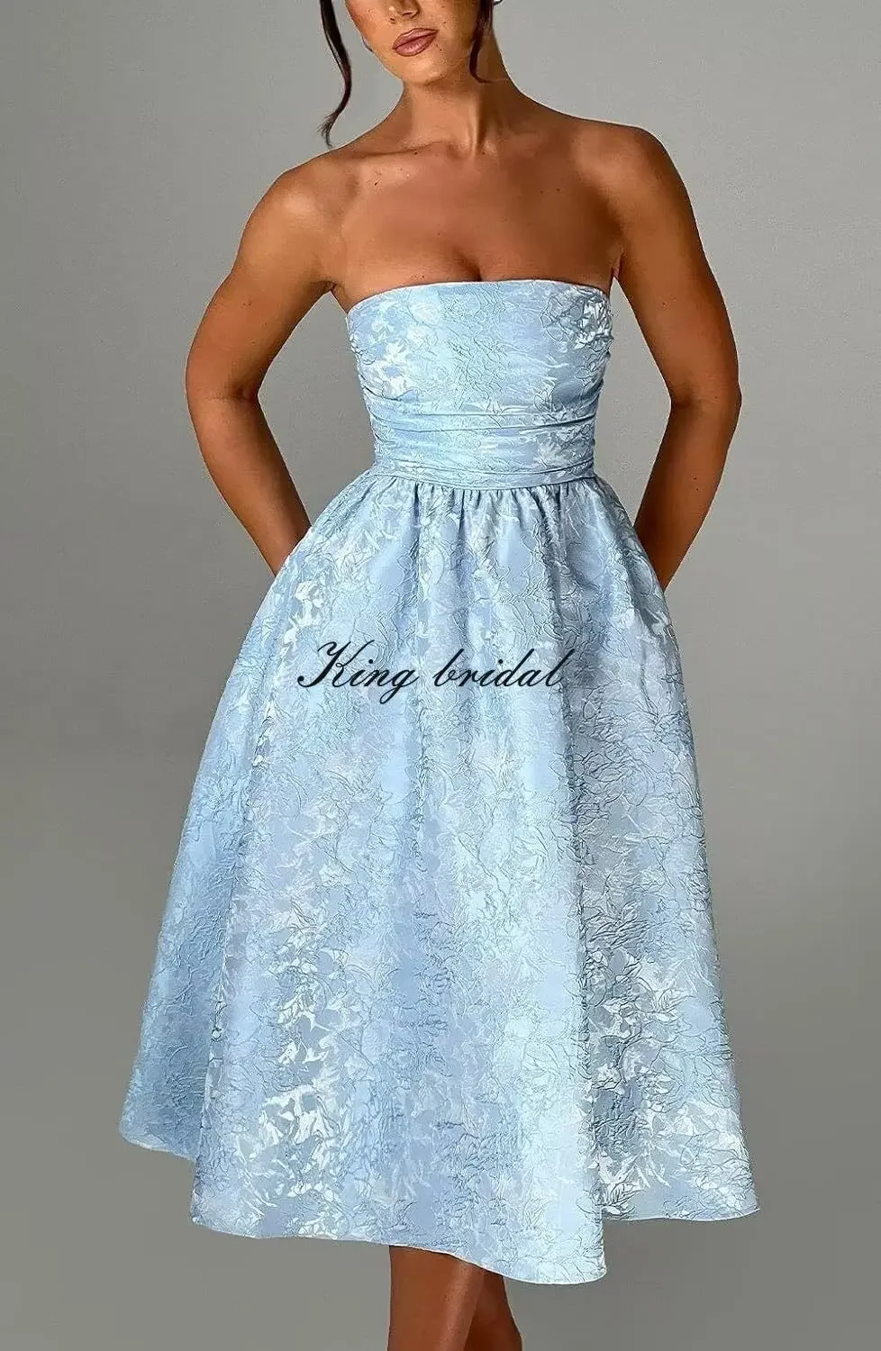 A Line Strapless Midi Corset Formal Evening Party Gown Bridesmaid Dress Floral Jacquard Satin Tea Length Prom Dresses for Women