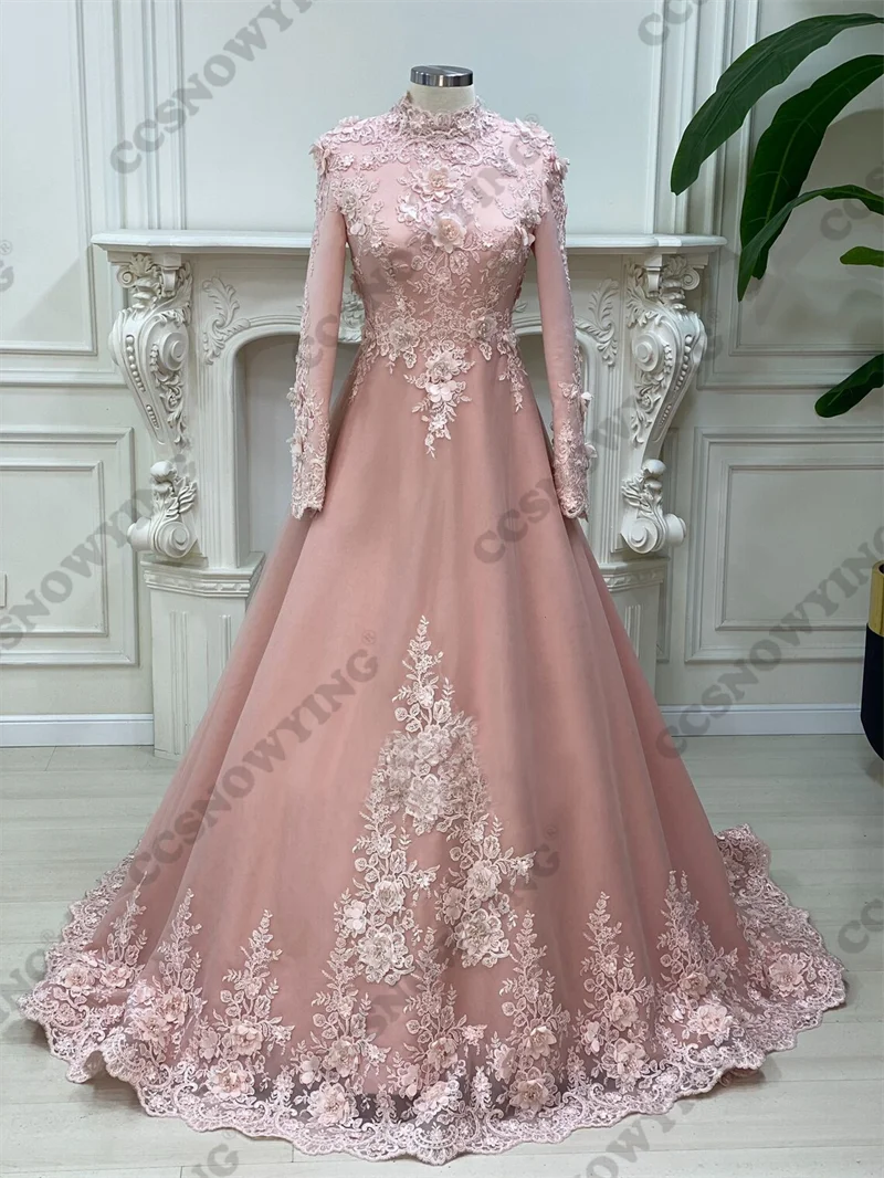 

Pink Long Sleeve Muslim Evening Dresses Hijab Islamic Formal Party Gown Appliques Women Arabic Kaftan Robe De Soiree