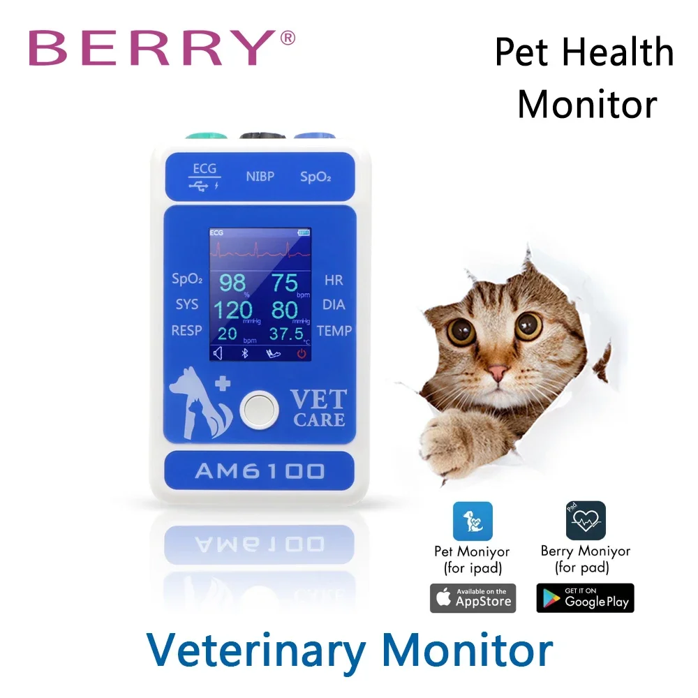 BERRY AM6100 Bluetooth Handheld Veterinary Monitor NIBP Blood Pressure Monitor Pulse Oximeter Probe Animal Circufere Pet Care