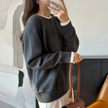 Autumn and Winter New 100% Cotton Women's Sweater Casual Color blocked Knitted Round Neck Pullover Loose Fashion Women's Top 4 Autumn and Winter New 100% Cotton Women's Sweater Casual Color blocked Knitted Round Neck Pullover Loose Fashion Women's Top 4