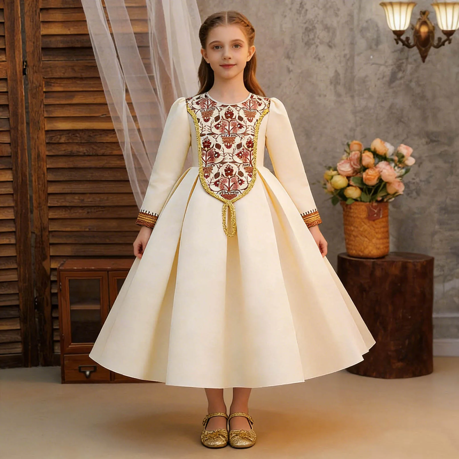

Girls Dress Long Sleeve Robe Arab Dubai Unique Delicate Pattern Ruffled Long Dress for Formal Occasions Dinner Party