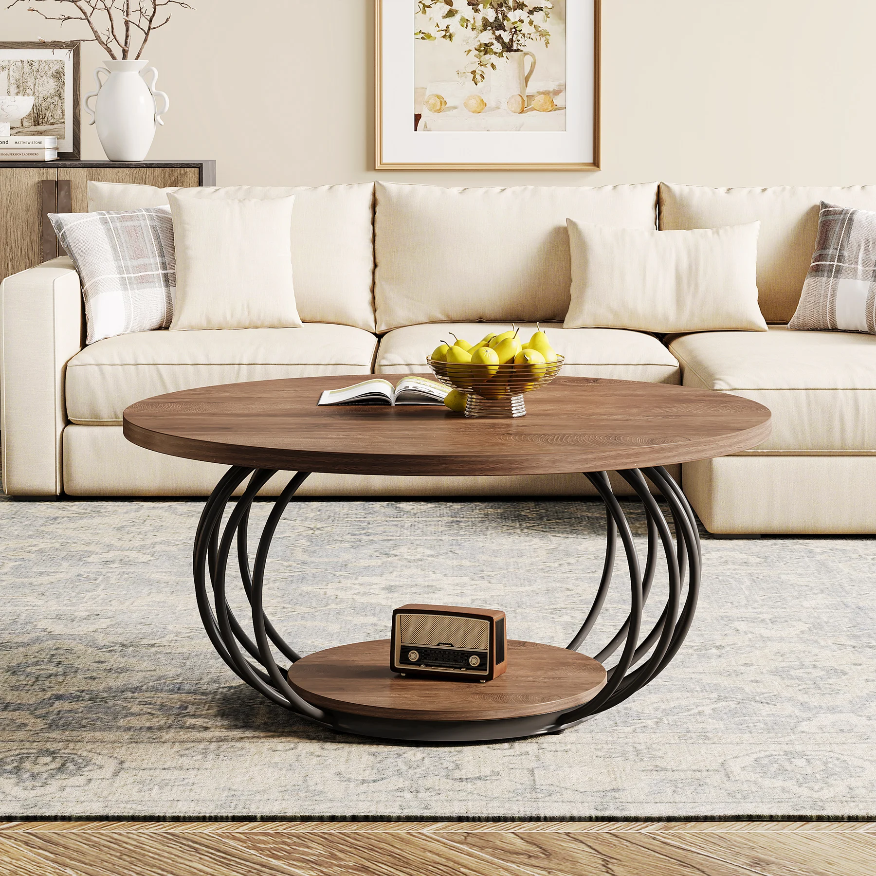 طاولة قهوة مستديرة من Tribesigns مع مساحة تخزين، إطار معدني من طبقتين، 100 × 100 × 46 سم، حبوب خشبية، طاولة مركزية لغرفة المعيشة الحديثة