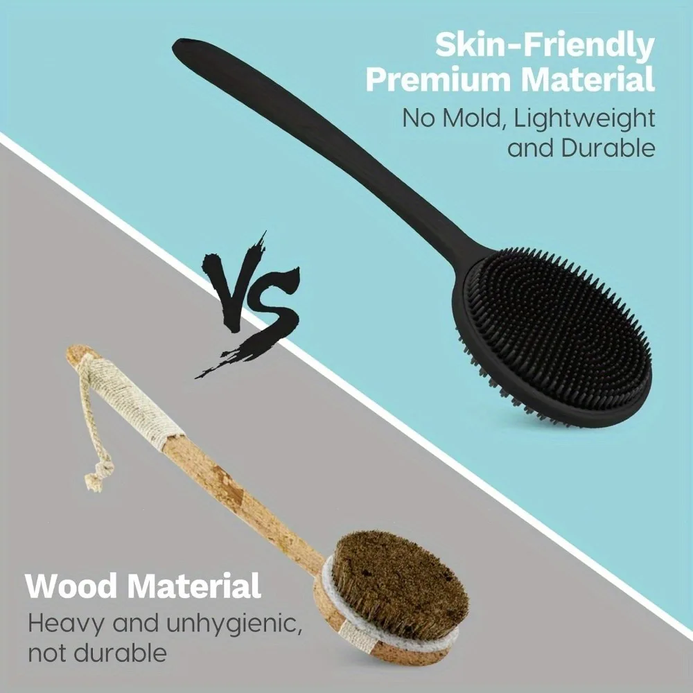 Silicone Back Scrubber Brush for Shower Long Handle Body Deep Cleansing and Exfoliating Massage Double-Sided Soft Bristles