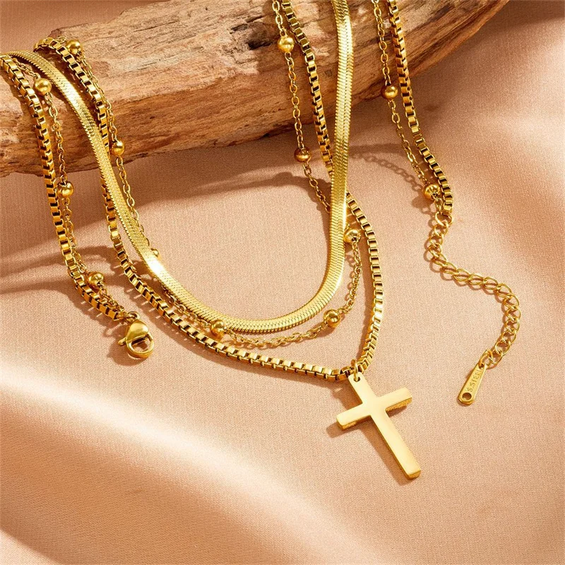 

18K Gold Titanium Steel Cross Necklace - EU/US Style 3-Layer, Unisex Stackable Choker, Couple Jewelry, Gift Wholesale