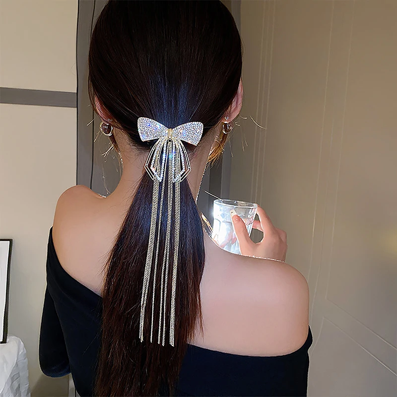 1PCS New Fashion Bow Tassel Hair Clips For Women Delicate Sparkly Rhinestone Tassel Hairpin Hair Accessories