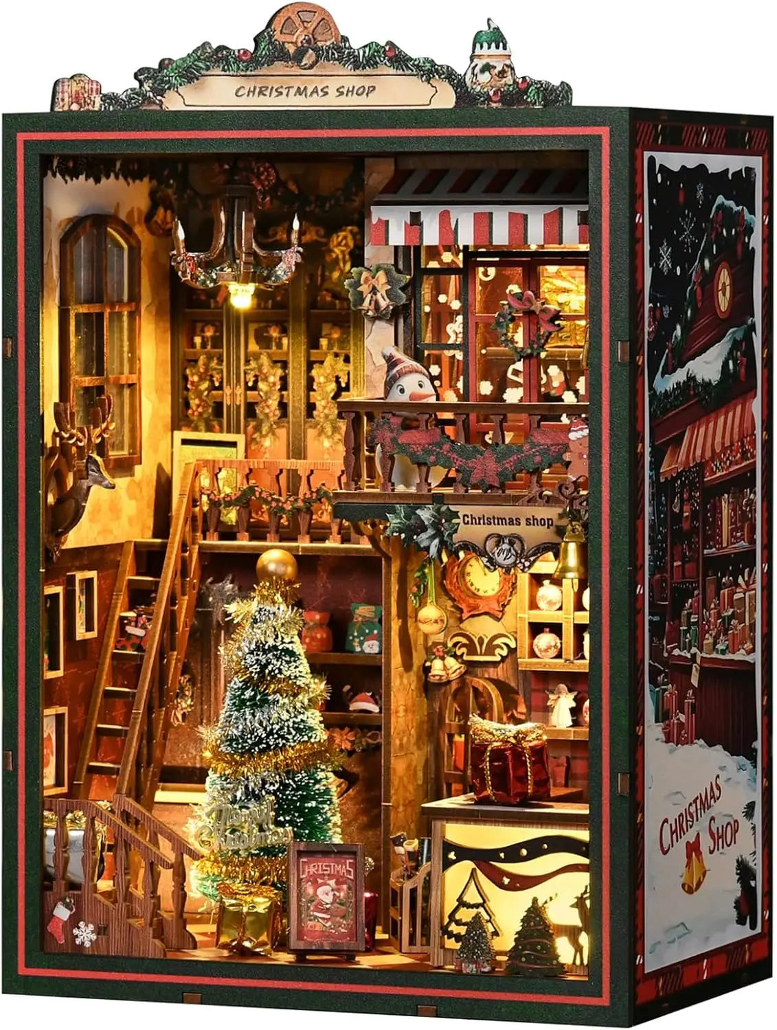 

Christmas DIY Miniature House Kit with LED Lights & Rotating Music - 3D Wooden Puzzles for Adults, Festive Bookshelf Decor Gift