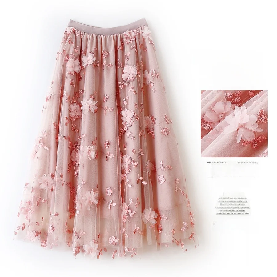 

Юбка-миди Ele с вышивкой Me, весна-лето, юбка феи Fre, тяжелая вышивка, 3D цветы, газовая трикотажная одежда с низкой талией Dr