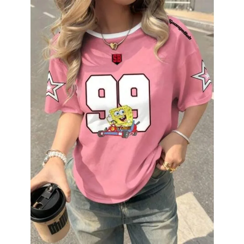 Pink Contrasting White Border Racing Style 99 Digital Short Sleeved Cartoon Sponge Car Printed Star Sleeve Loose Casual Top