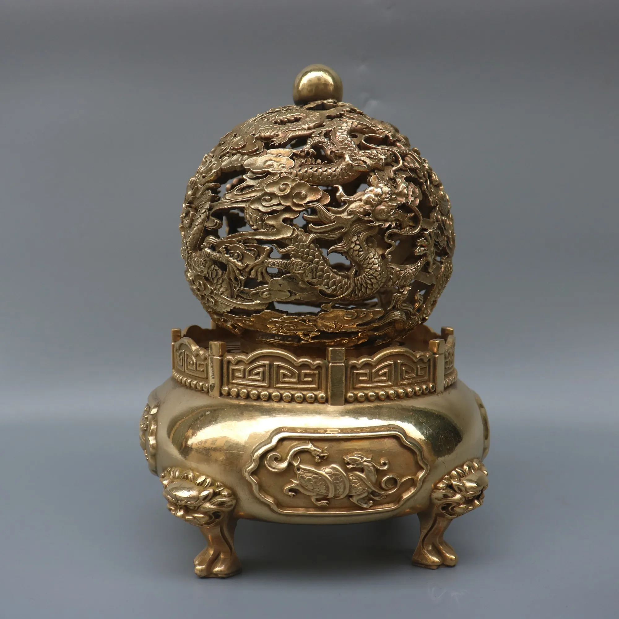 Coleção do templo tibetano, Bronze antigo, nove Dragon Hollow Ball, Qiankun incenso queimador, acumular riqueza ornamentos, Town House e exorcismo, 9