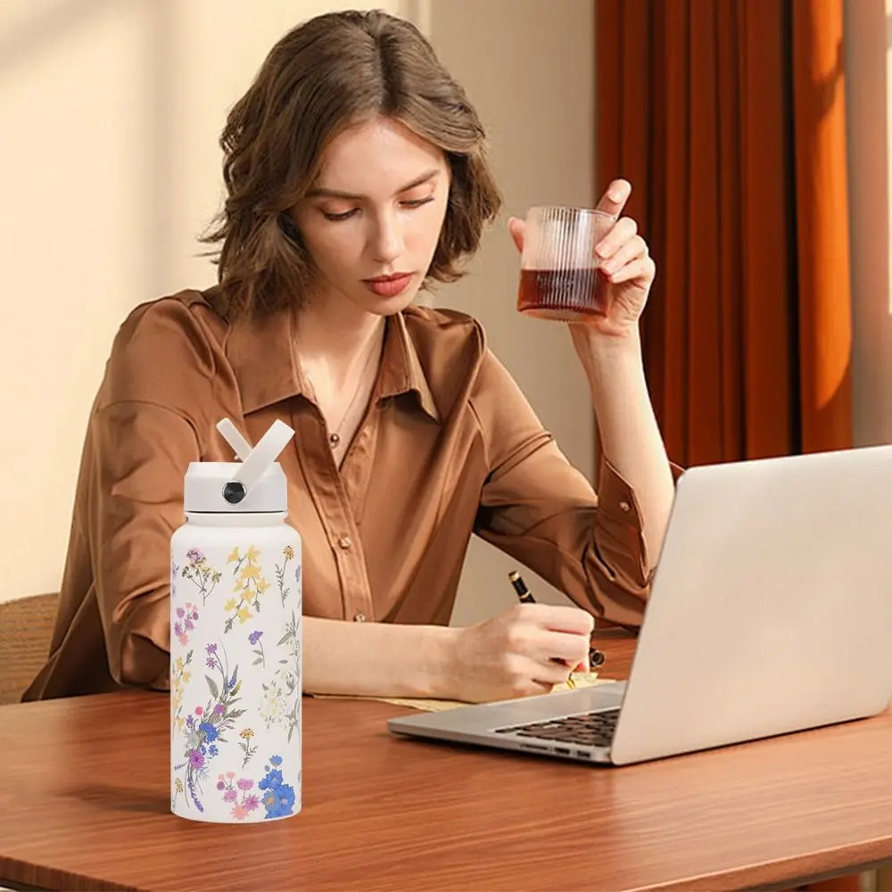 

1L Capacity 1000ML Tumbler With Straw Printed Design Vacuum Bottle Large Capacity Vacuum Insulation Drinking Cup Handheld Use