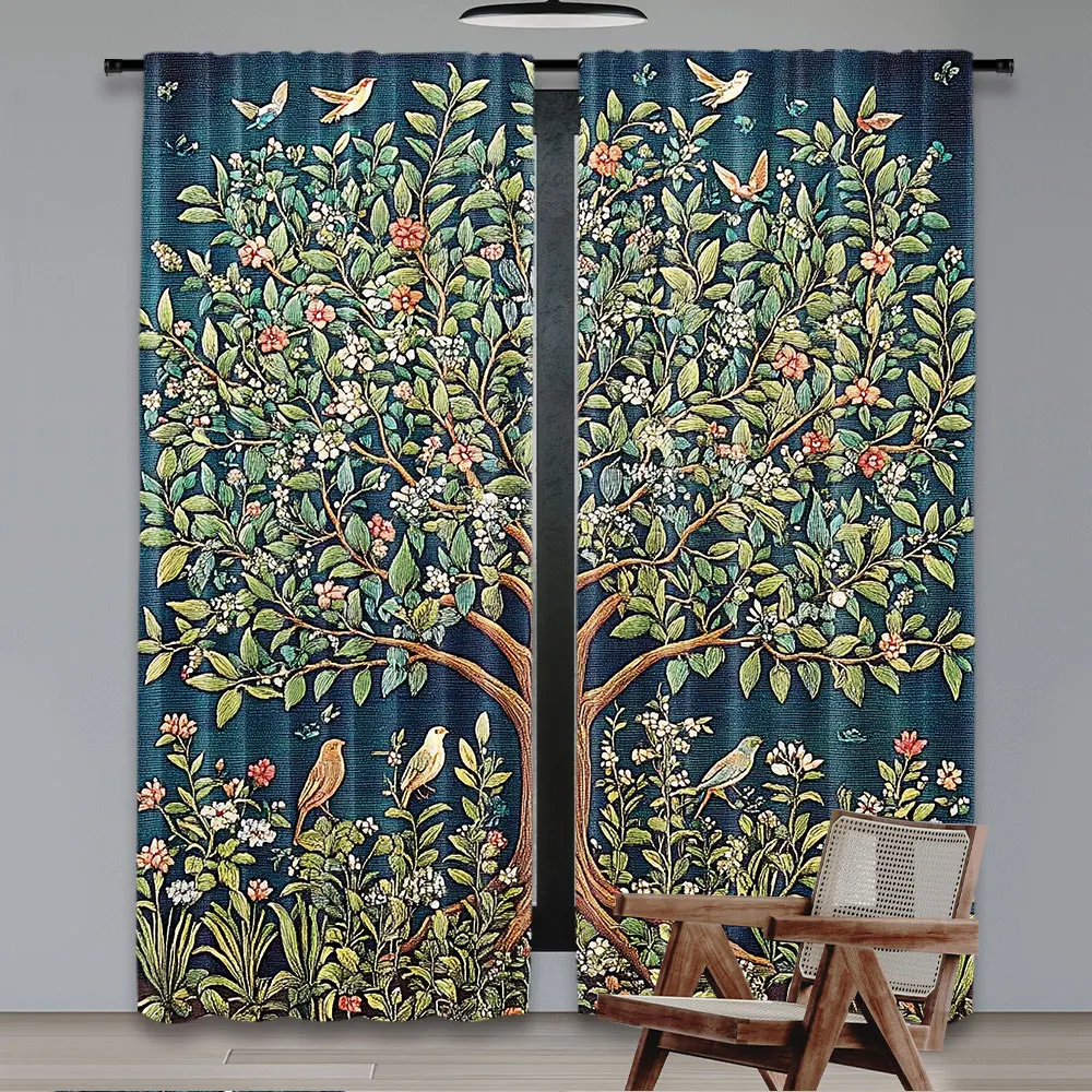 2Pcs Boho William Morris Curtain Vintage Tree Of Life Art Style Tree With Flowers Curtain Suitable For Bedroom Living Room