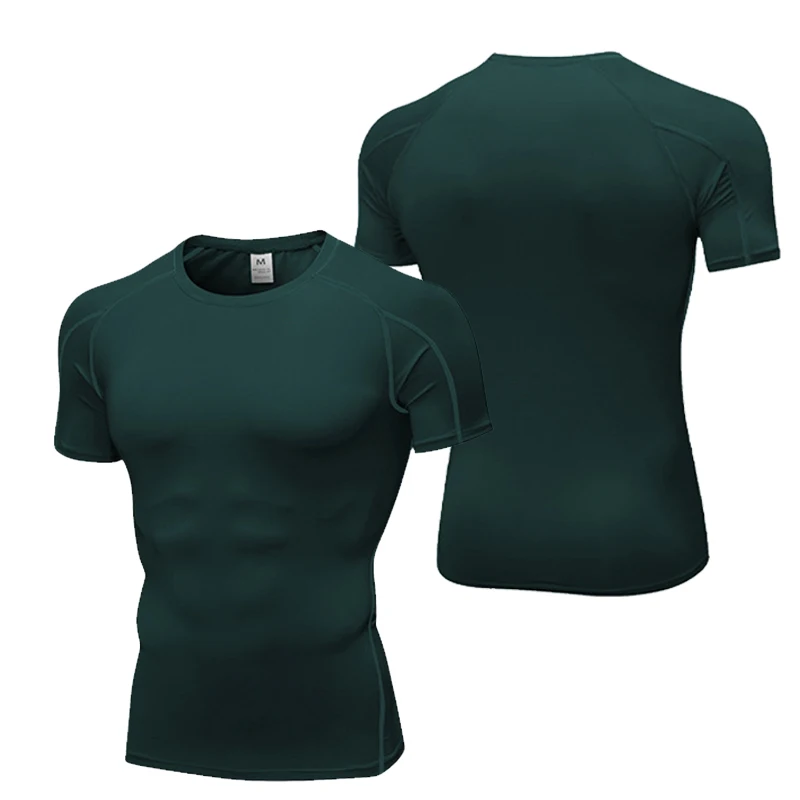 Short Sleeve Gym Shirts Sweat Wicking Green Fast Drying Compression Tight T-shirt Fitness Running Training Men's Rush Guard