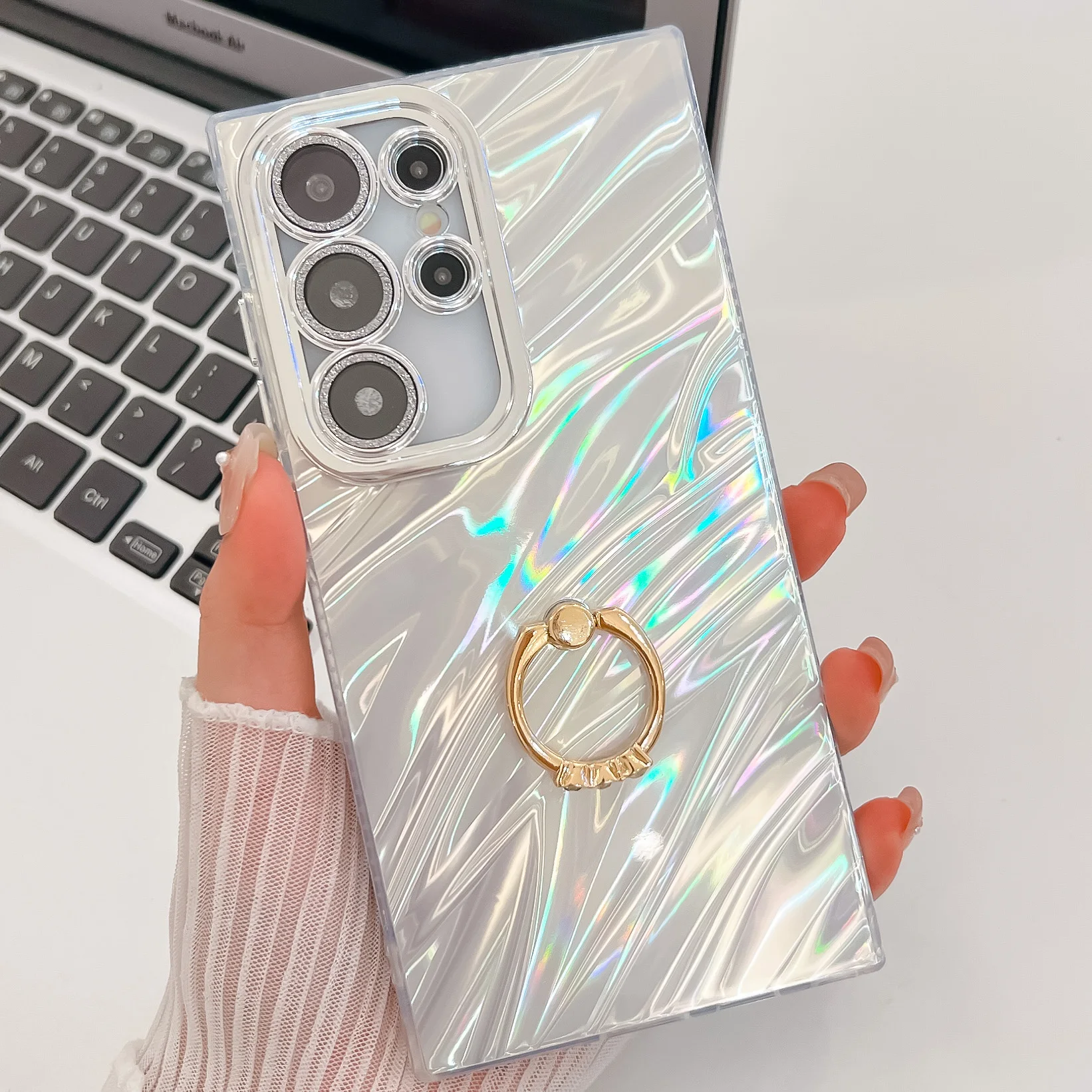 

Water Ripples Finger Ring Glitter Case for Samsung S23 S25 Ultra Shell Pattern Anti-skid A15 A25 A35 A54 A55 A16 A56 5G Cover
