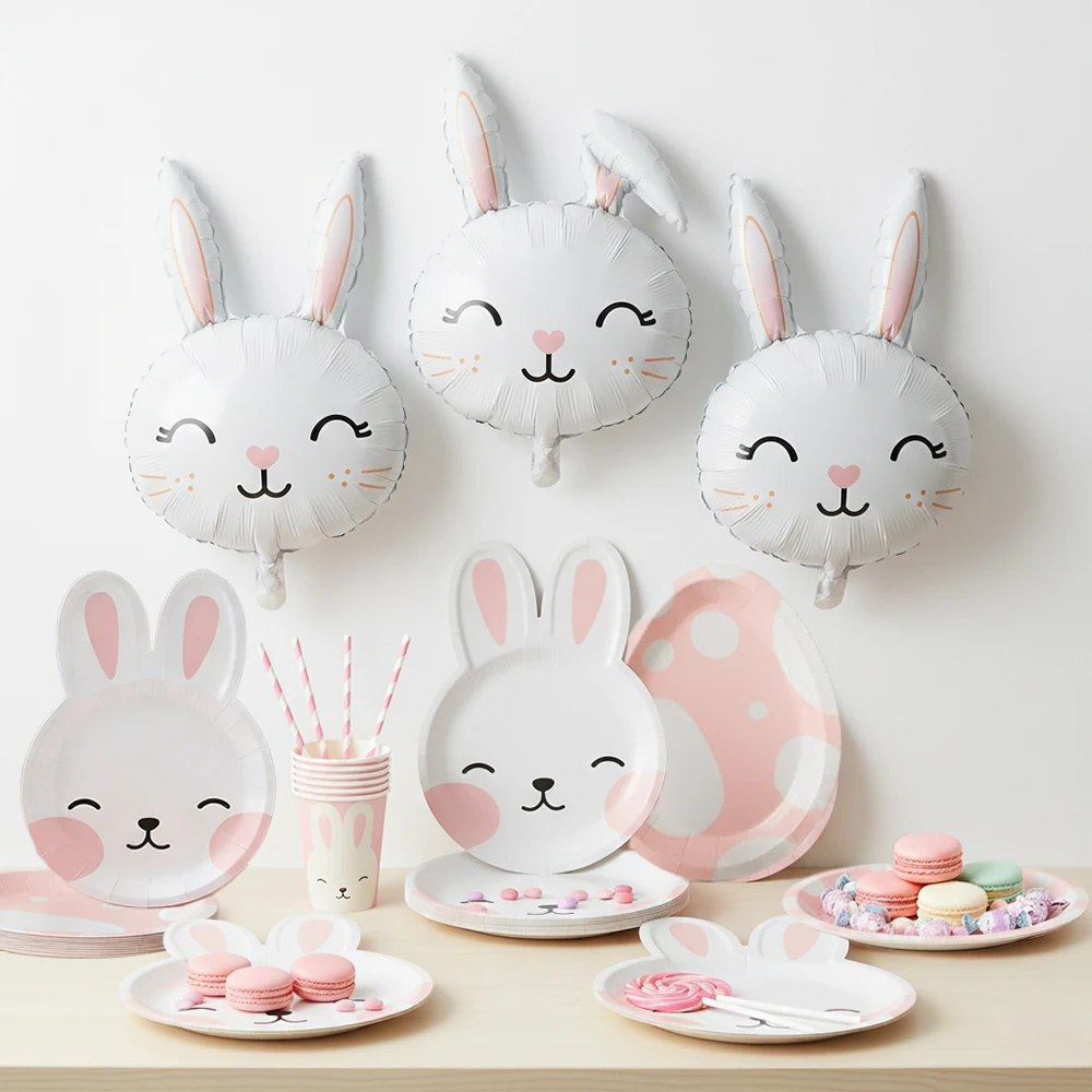 Conjunto de Utensílios de Festa com Tema de Coelhinho, Pratos de Papel em Forma de Coelho, Copos e Balões de Papel Alumínio para Decoração de Aniversário e Páscoa Infantil
