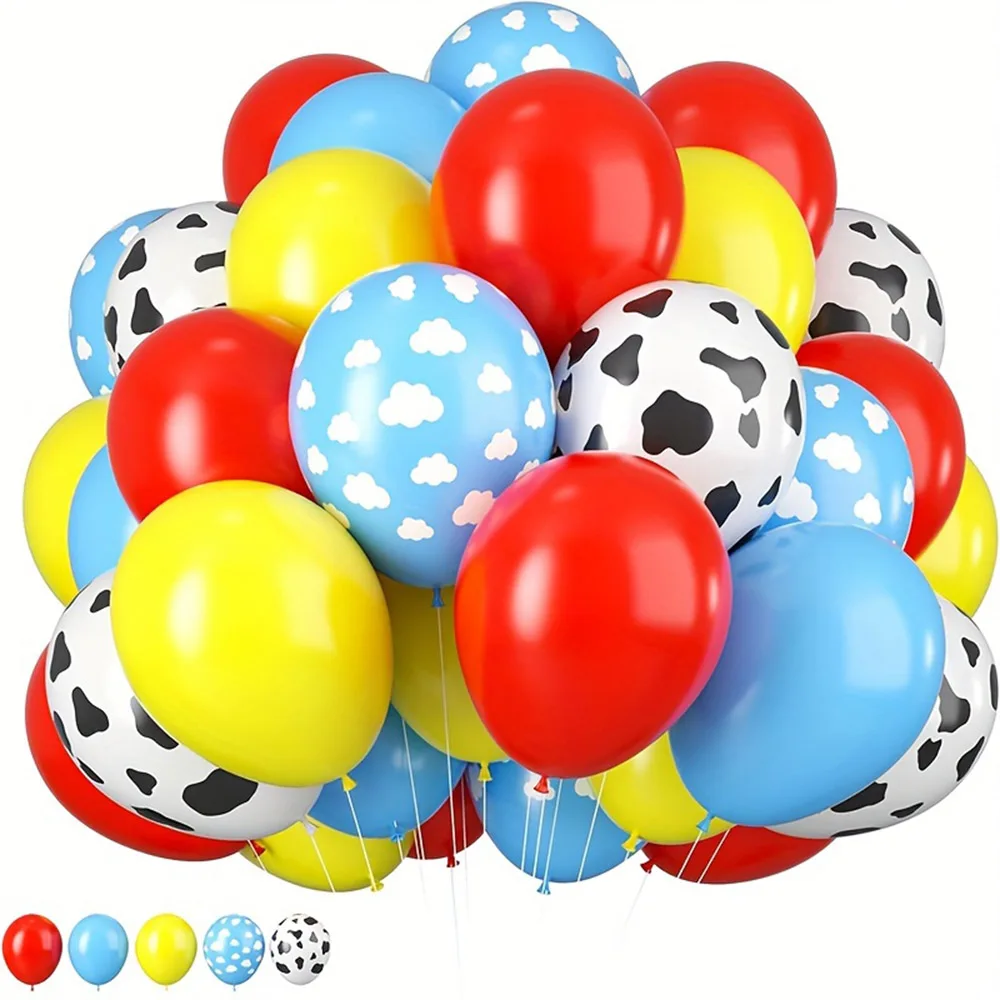 Kit de Balões de História 30 Peças Amarelo Azul Vermelho Decoração de Aniversário para Meninos Chá de Bebê Tema Nuvem Vaca Balões com Estampa Suprimentos para Festa