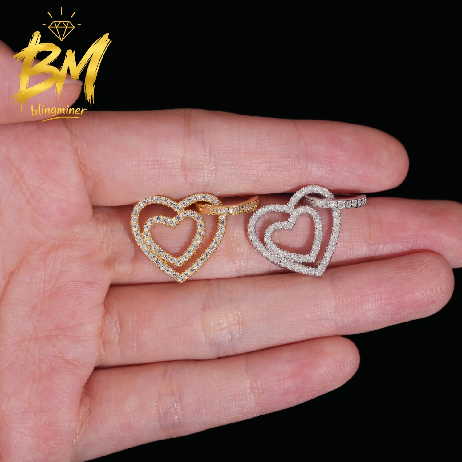 Blingminer Double Heart VVS Moissanite Earrings S925 Silver Ear Studs For Women Pass Diamonds Tester GRA  Free Shipping