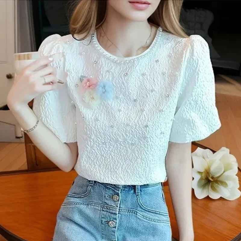 New Fashion Sweet Office Women\'s Shirts Casual Summer Short Sleeve Women Blouses with Beading Elegant Floral Woman Tops 1036