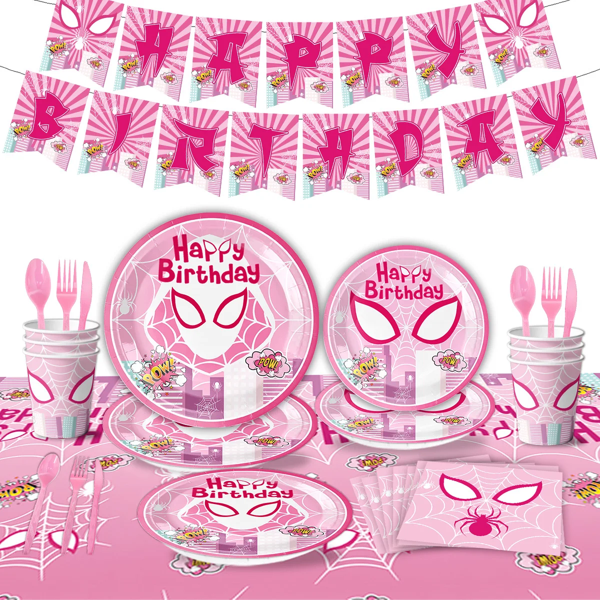 

Pink Female Spider Gwens Party Supplies Cup Knives Fork Plate Tableware Balloon Banner Backdrop Invitations Girls Birthday Props