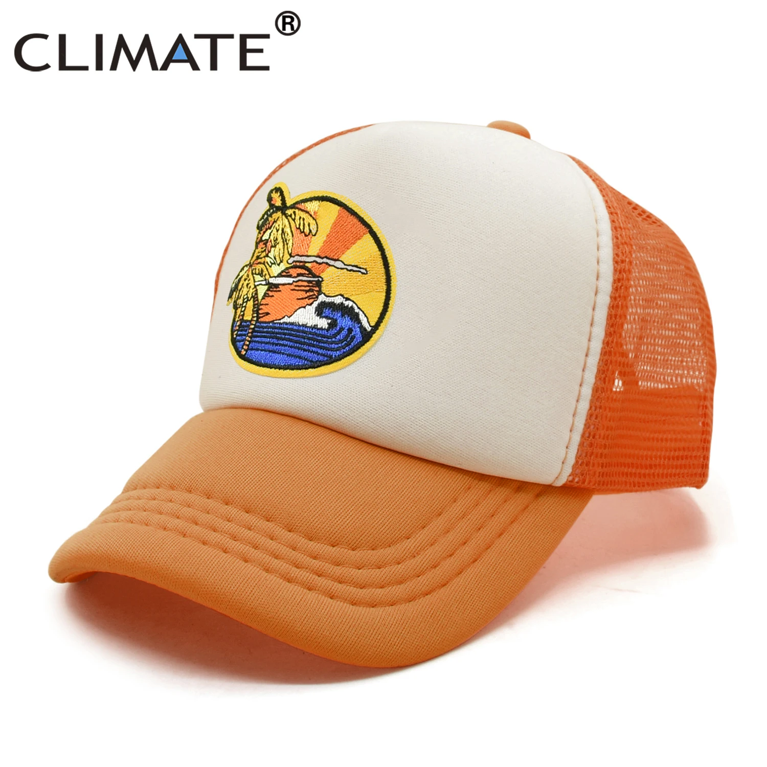 CLIMATE Seaside View Trucker Cap Hat Sandbeach Sight Vacation Cap Coconut Holiday Mesh Cap Surfing Sunrise Sea Wave Cool Hat Cap