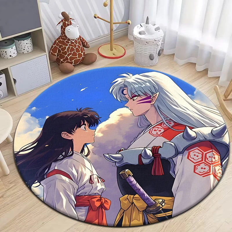 Inuyasha Anime Cartoon Round Carpet for Living Room Rugs Camping Picnic Mats Flannel Anti-Slip Rug  Gifts,Birthday Present，