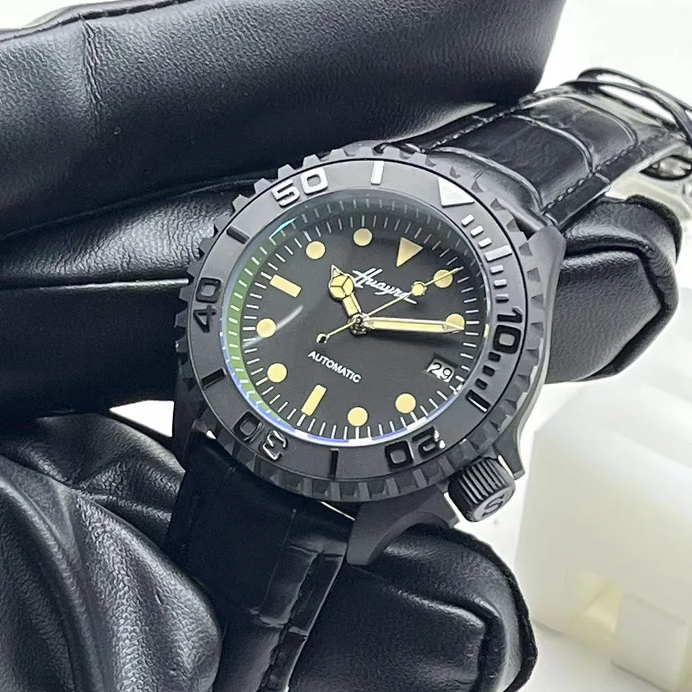 Herren 41mm Mechanische Uhr Schwarzes Zifferblatt Datumsanzeige mit 120-Grad-Skalen-Zifferblattring Klassisches Wasserdichtes Lederarmband NH35 Uhrwerk