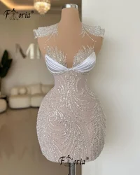 Sparkle Sequin Beaded Cocktail Dress High Neck SLeeveless Sheer Short Prom Dresses Simple Sexy See Through robe cocktail femme