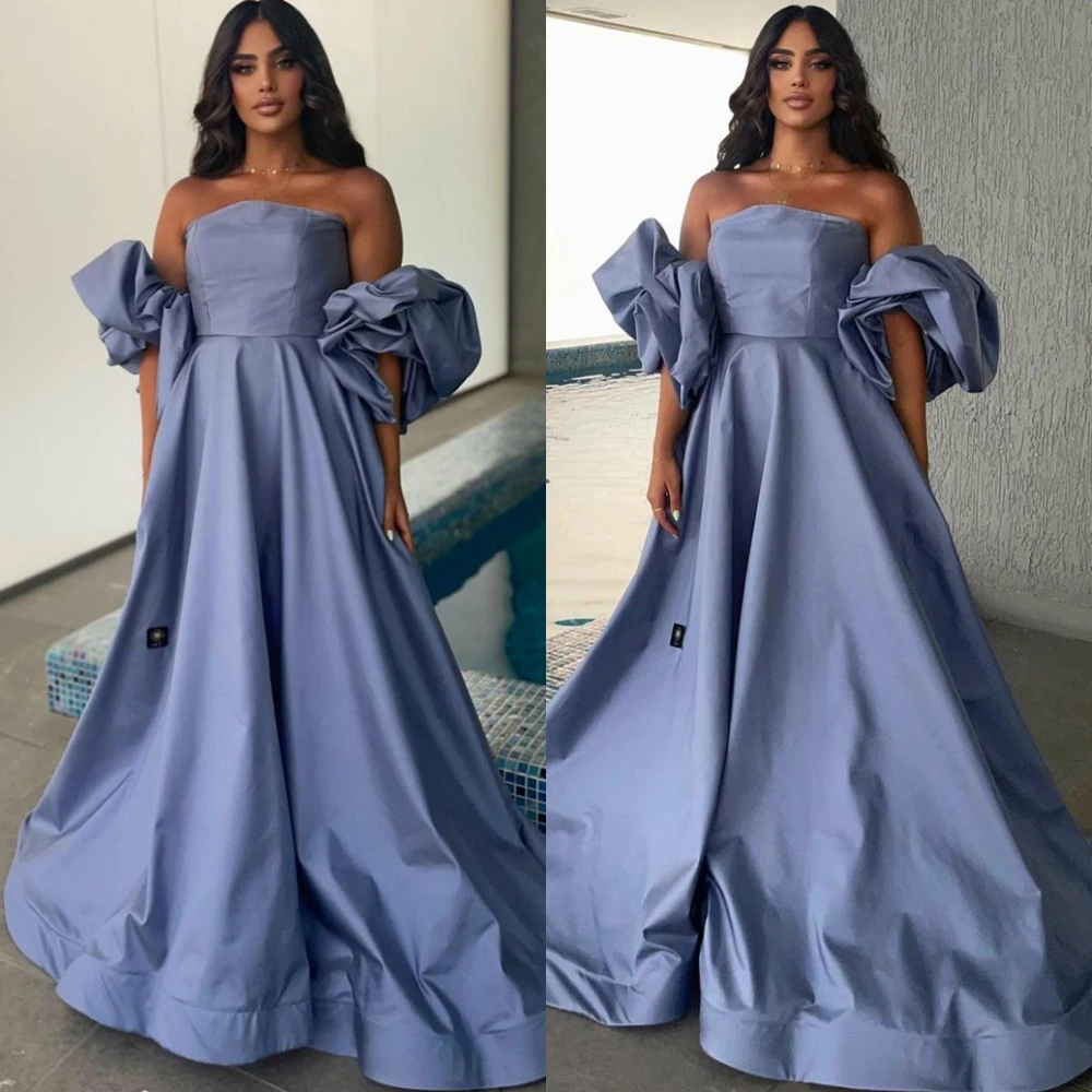 

Customized Fashion A-Line Satin Evening Dress Luxury Strapless Prom Dress Temperament Puff Sleeves Special Occasion Gowns